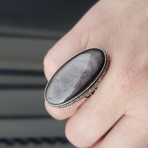 New Silver Sheen Obsidian 925 Silver Statement Ring. - Picture 9 of 13